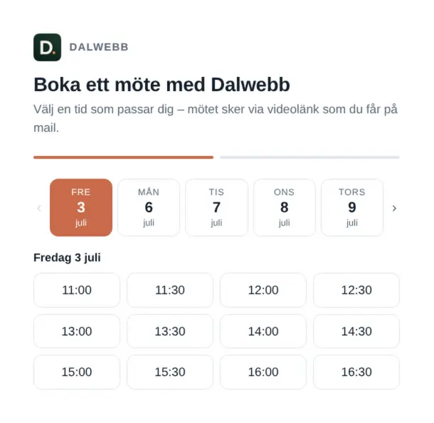Dalwebbs bokningskalender där du väljer en ledig tid för ett kostnadsfritt videomöte